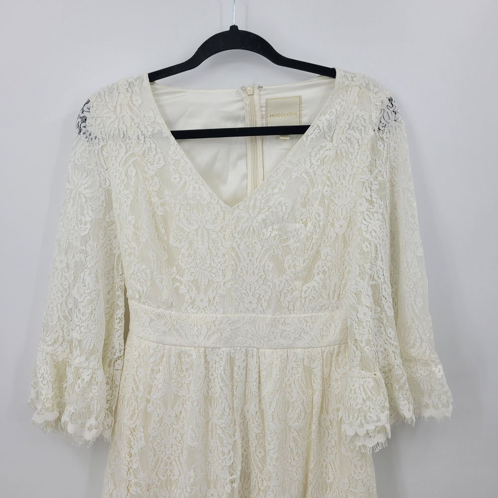 ModCloth Boho Bridal Ivory Floral Lace Mini Dress Bell Sleeves V-Neck Cream Sz S - Picture 5 of 10